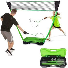 Portable Badminton Net Set Storage Box Base with 2 Battledores 2 Shuttlecocks; Green
